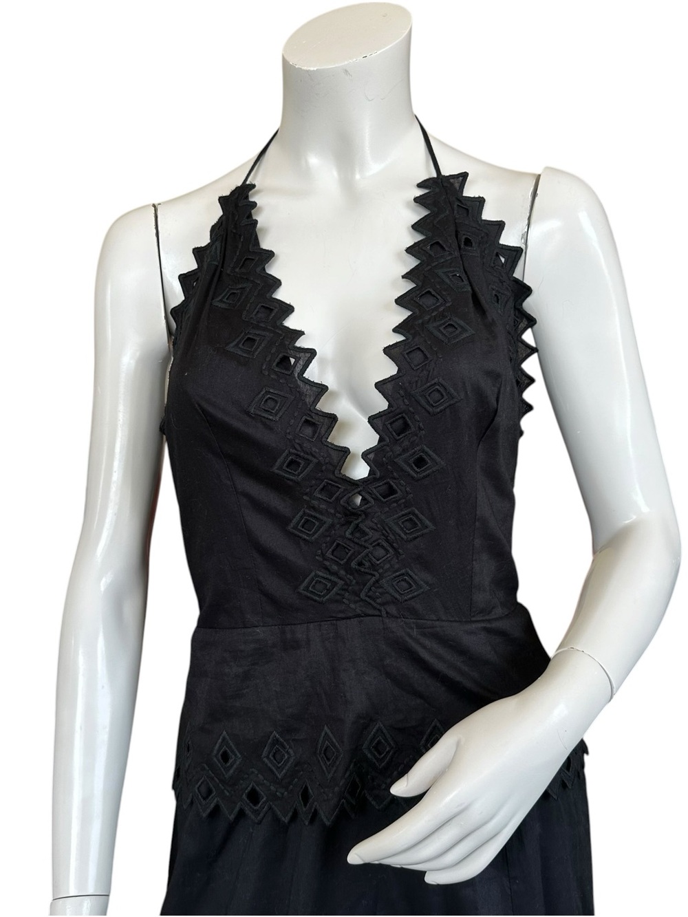 Vix “Tara” Black Plunge Neck Open Strappy Back Side Slit Cotton MIDI Dress Small - Picture 4 of 11